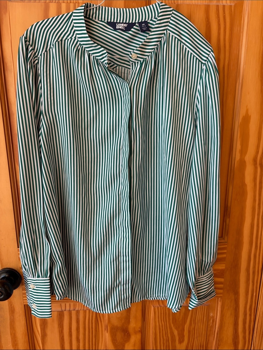 Lands' End Green and White Vertical Stripe Button-Up Shirt